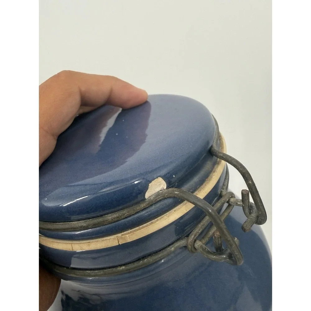 Vintage Stoneware Canister Set 3 Navy Blue Folk Art Bird Heart Clamp Lid